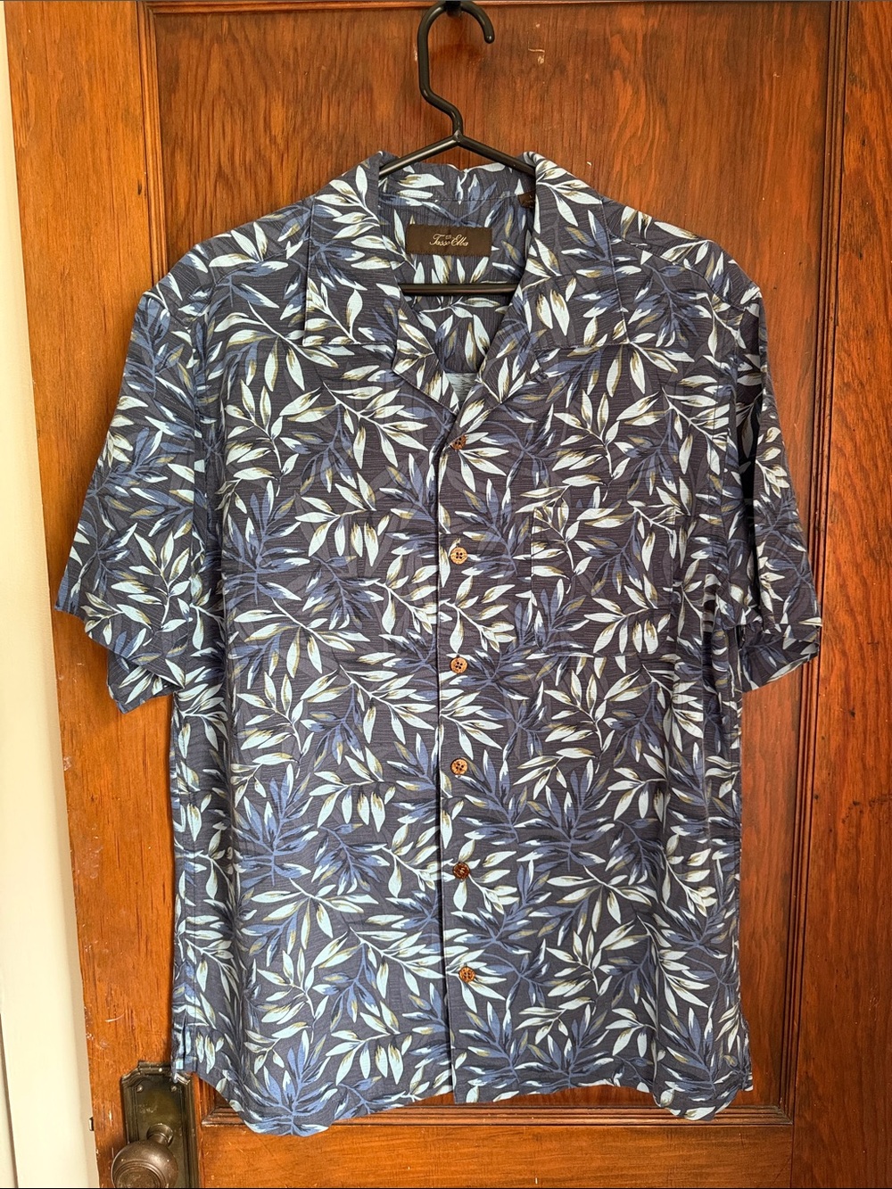 Tasso Elba Navy Leaf-Print Short-Sleeve Shirt - Silk, Size L